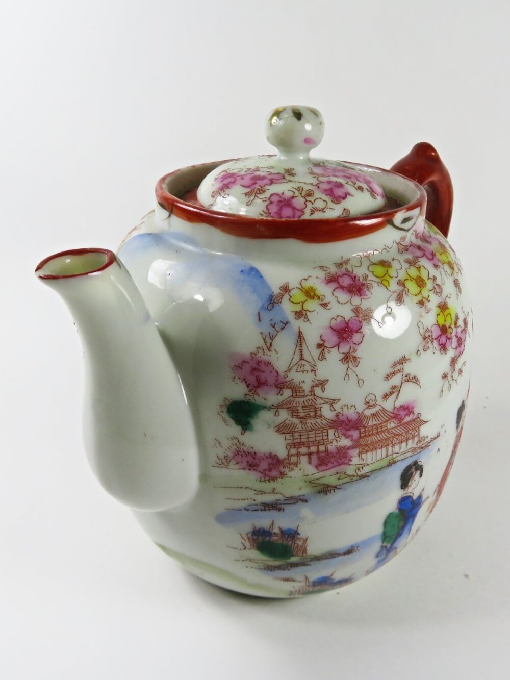 Vintage Hand Painted Japan Floral 5.5" Teapot - Salt & Pepper Geishas Coral Trim